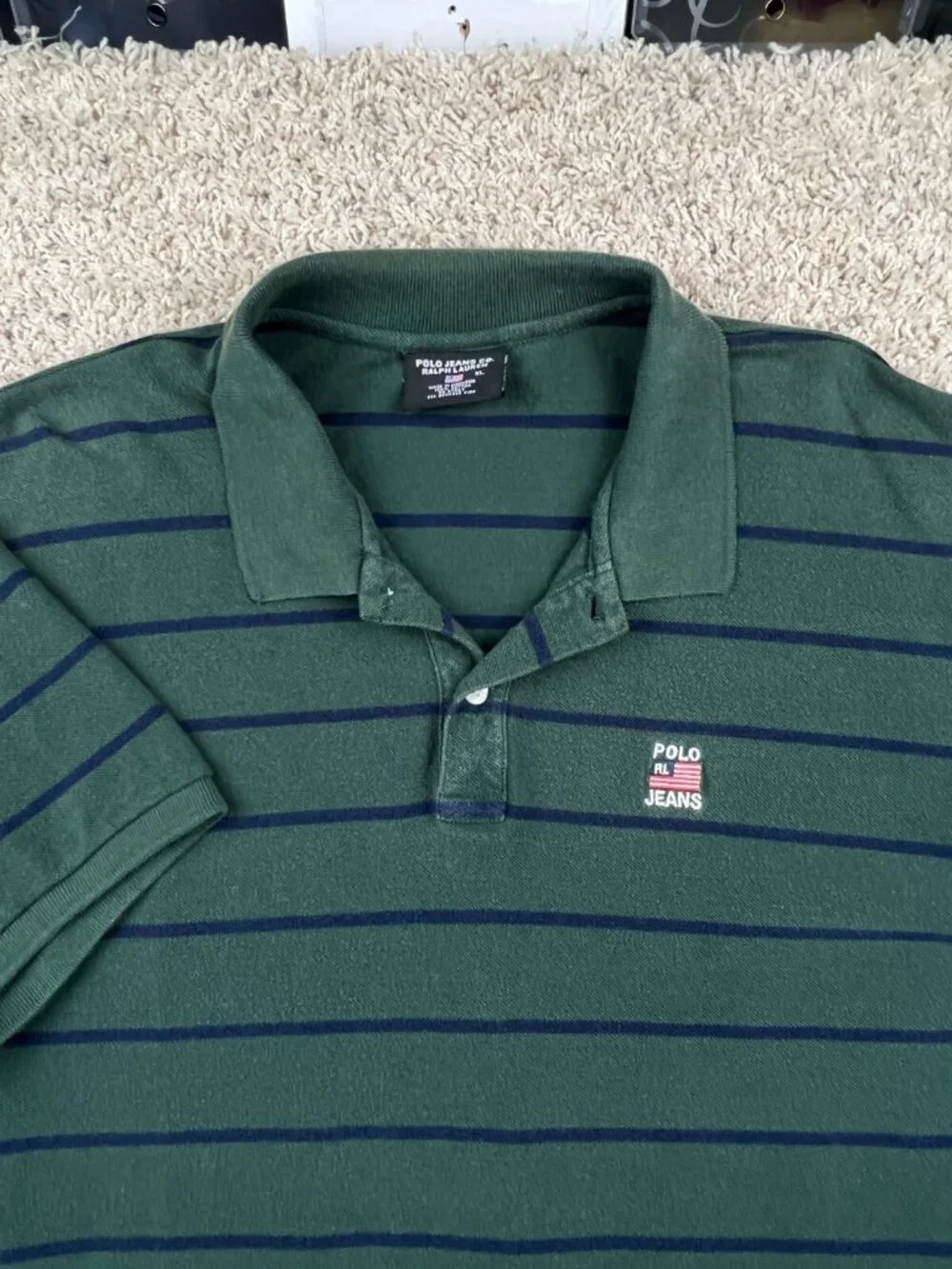 Ralph Lauren Polo Jeans Green Blue Striped Mens Short Sleeve Polo Shirt Size XL